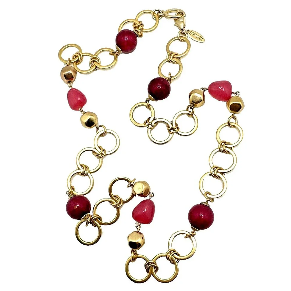 Vintage TALBOTS Station Necklace Pink Stone Glass Bead Gold Tone Link 25